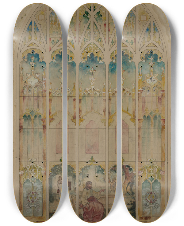 Triptych art skateboard deck of John La Farge Chapel Window by John La Farge (1835-1910)