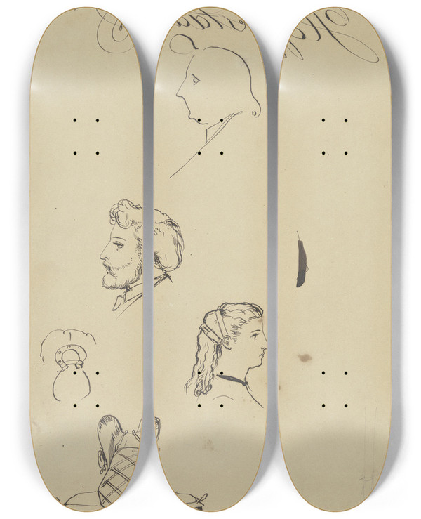 Triptych art skateboard deck of Albert Hendschel Studienblatt Mit Kpfen Oben Johann David Passavant Darunter Julius Hamel by Albert Hendschel (1834-1883)