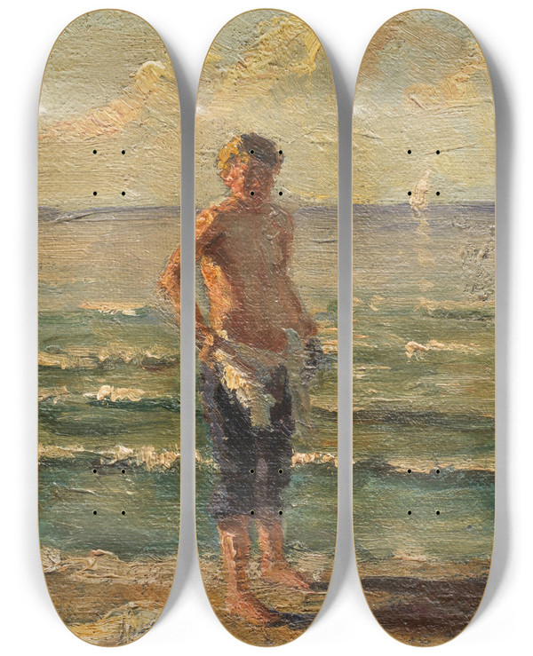 Triptych art skateboard deck of Christian Landenberger Knabe Am See by Christian Landenberger (1862-1927)