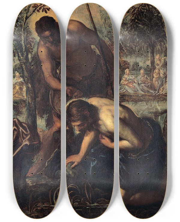Triptych art skateboard deck of Jacopo Tintoretto Baptism Of Christ by Jacopo Tintoretto (1518-1594)