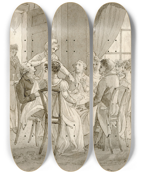 Triptych art skateboard deck of Reinier Vinkeles Vertoornde Vrouw Bij Tafelend Gezelschap Zij Vloog by Reinier Vinkeles (1741-1816)