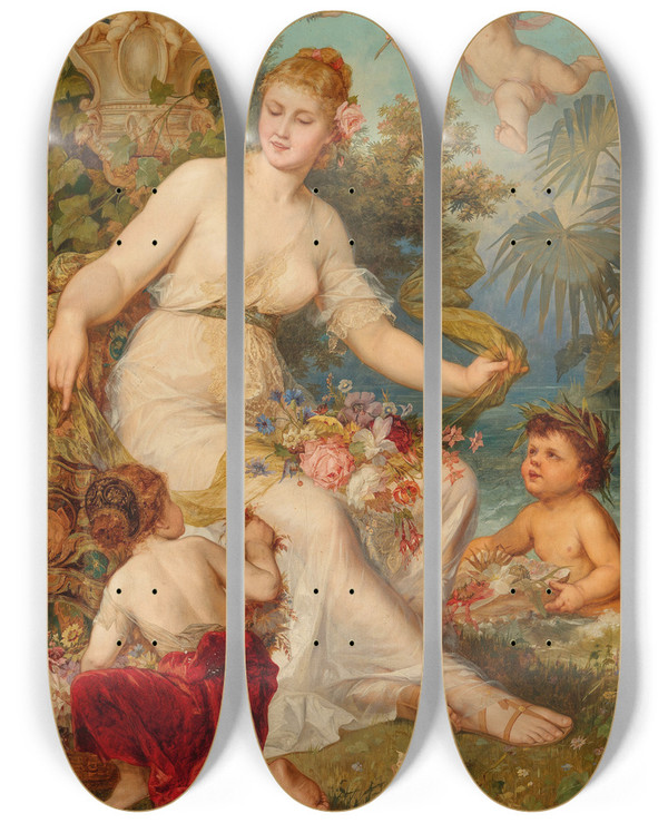 Triptych art skateboard deck of August Eisenmenger Flora Umringt Von Putten by August Eisenmenger (1830-1907)