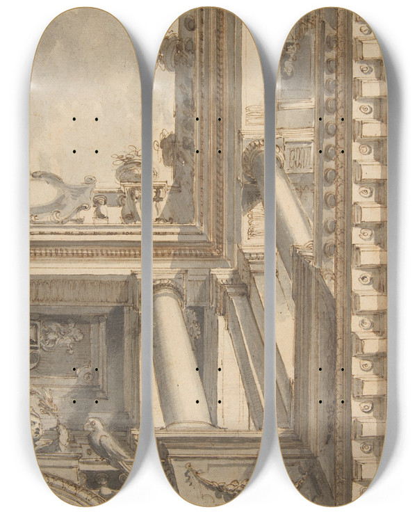 Triptych art skateboard deck of Faustino Trebbi Design For A Trompe Loeil Ceiling With A Loggia by Faustino Trebbi (1761-1836)