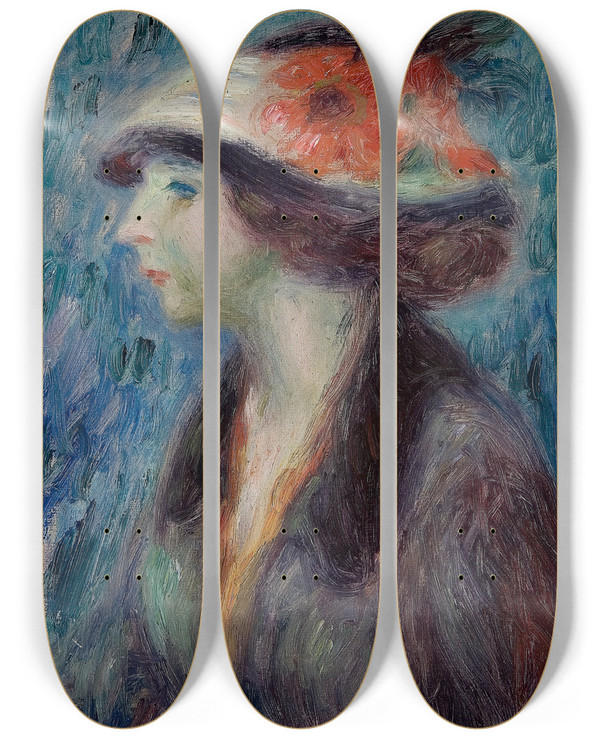 Triptych art skateboard deck of William James Glackens Girl With Flowered Hat by William James Glackens (1870-1938)