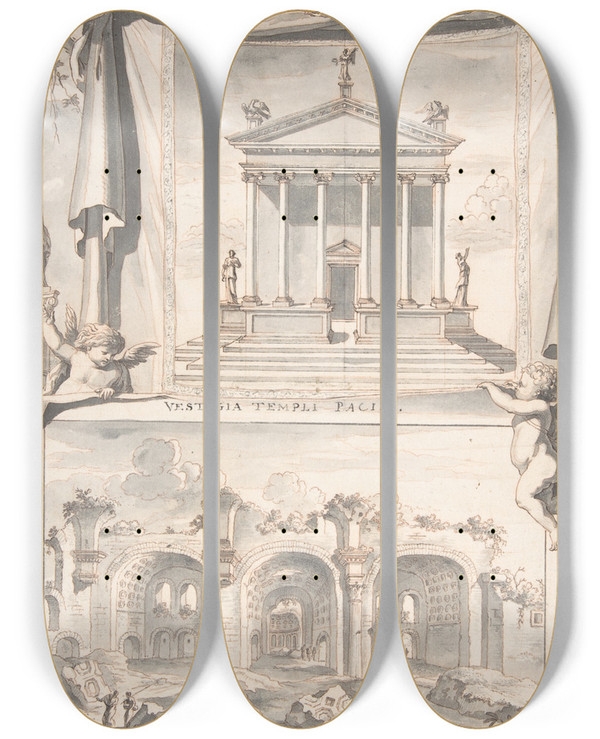 Triptych art skateboard deck of Jan Goeree A Reconstruction Of The Templum Pacis Above And A View Of The Ruins Below by Jan Goeree (1670-1731)