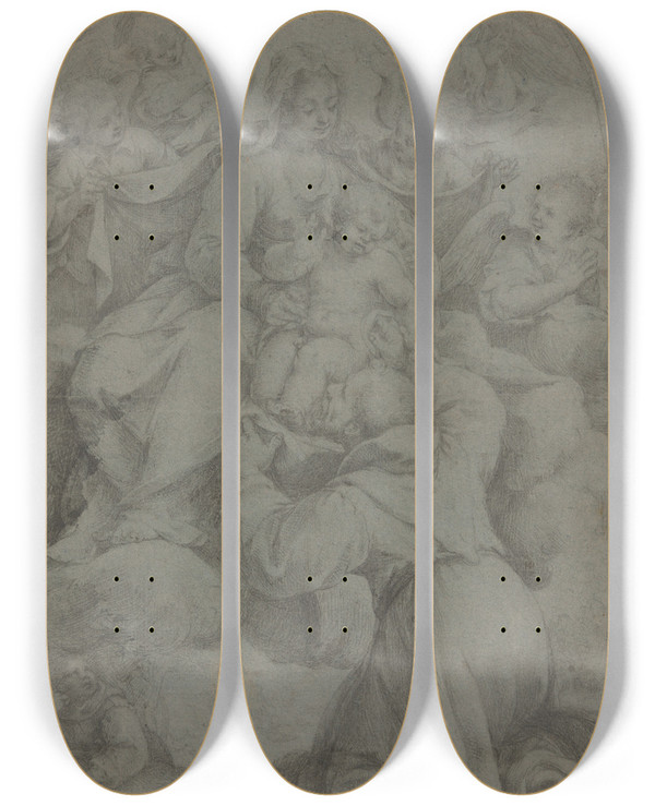 Triptych art skateboard deck of Denys Calvaert Saint Francis Of Assisi Adoring The Virgin And Child by Denys Calvaert (1540-1619)