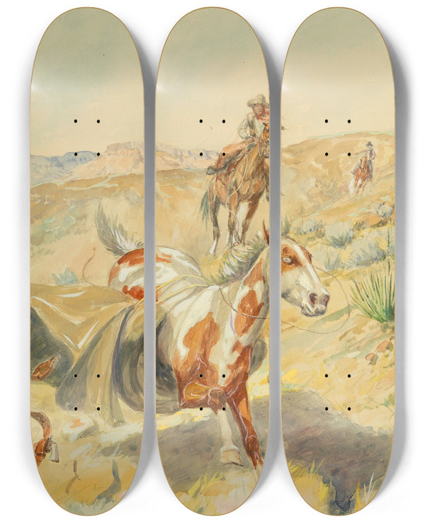 Triptych art skateboard deck of Elling William Gollings The Upset Bedroom by Elling William Gollings (1878-1932)