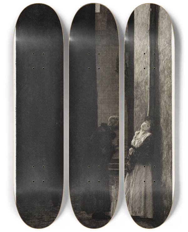 Triptych art skateboard deck of Max Klinger Ein Schritt Dramen Opus Ix Blatt 2 by Max Klinger (1857-1920)