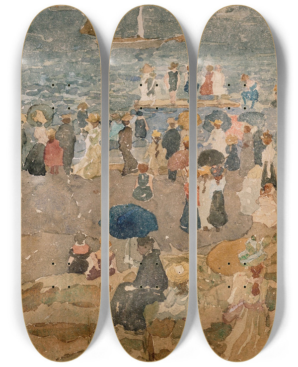 Triptych art skateboard deck of Maurice Prendergast Beach Scene North Shore by Maurice Prendergast (1858-1924)