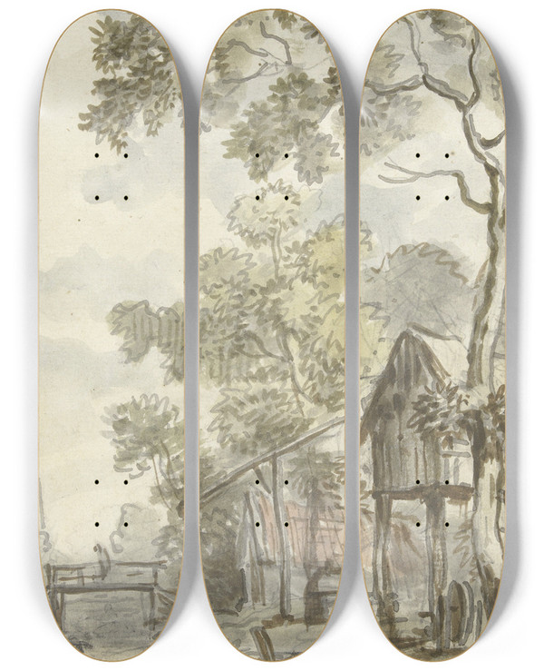 Triptych art skateboard deck of Jurriaan Andriessen Ontwerp Voor Behangselschildering Met Hollands Landschap by Jurriaan Andriessen (1742-1819)