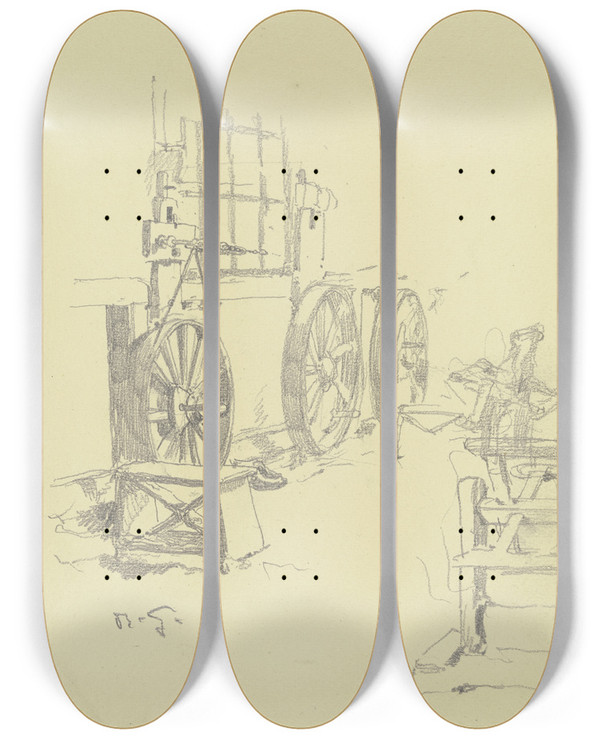 Triptych art skateboard deck of Rudolf Gudden Interieur Der Groen Spinnerei Von Edam by Rudolf Gudden (1863-1935)