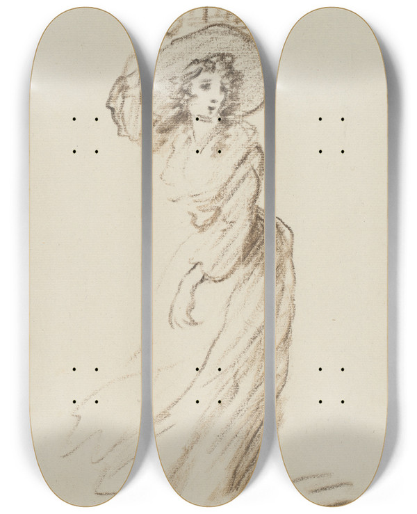 Triptych art skateboard deck of Henry William Bunbury A Laundry Maid by Henry William Bunbury (1750-1811)