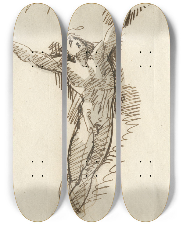 Triptych art skateboard deck of David Humbert De Superville Mannelijk Naakt M Gespreide Armen Christus Gekruisigd by David Humbert De Superville (1770-1849)