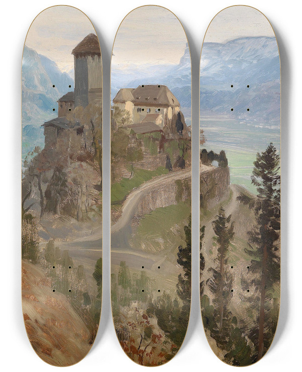 Triptych art skateboard deck of Anton Hlavacek Schloss Tirol by Anton Hlavacek (1842-1926)