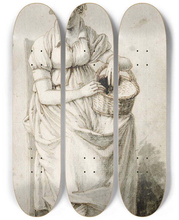 Triptych art skateboard deck of Barend Hendrik Thier Zittend Meisje Met Mand by Barend Hendrik Thier (1751-1814)