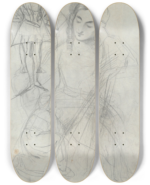 Triptych art skateboard deck of Theodor Von Holst An Equestrian Figure And Other Studies by Theodor Von Holst (1810-1844)