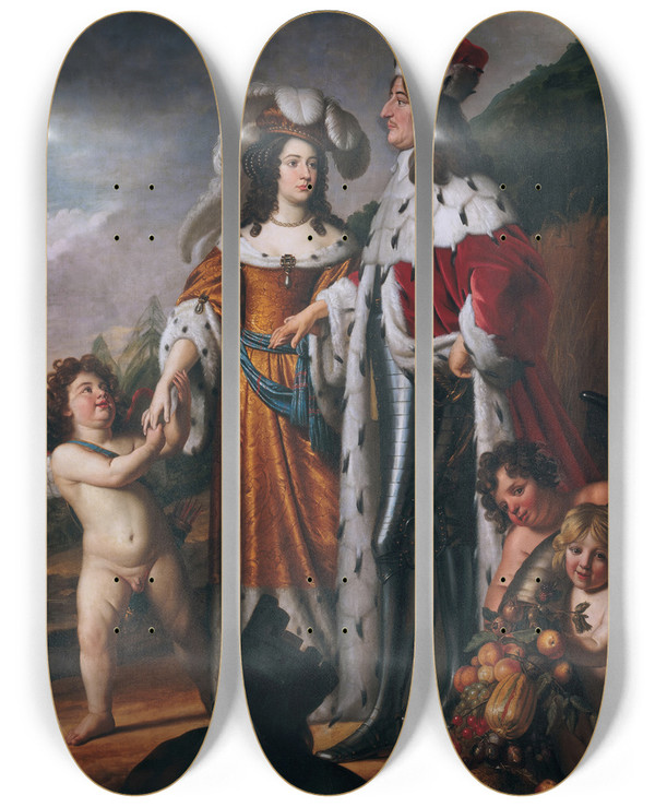 Triptych art skateboard deck of Gerard Van Honthorst Louise Henriette Leads Friedrich Wilhelm Elector Of Brandenburg To Her Parents by Gerard Van Honthorst (1592-1656)