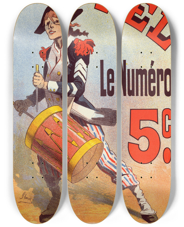 Triptych art skateboard deck of Jules Chret Le Rappel by Jules Cheret (1836-1932)