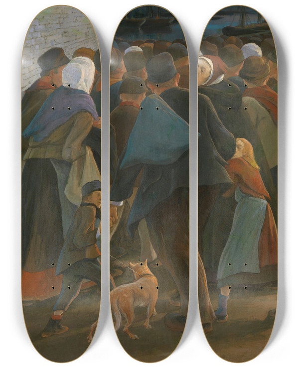 Triptych art skateboard deck of Eugne Laermans To The Harbour by Eugene Laermans (1864-1940)