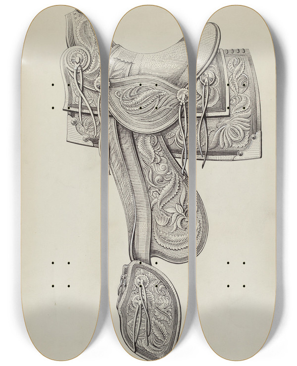 Triptych art skateboard deck of Gerald Transpota Saddle_2 by Gerald Transpota (1898-1971)