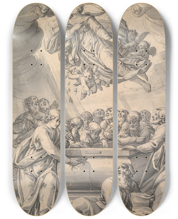 Triptych art skateboard deck of Johann Christophorus Storer The Assumption Of The Virgin by Johann Christophorus Storer (1611-1671)