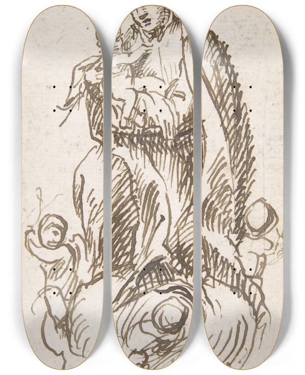 Triptych art skateboard deck of Pedro Duque Y Cornejo Male Saint Standing On Clouds Supported By Putti Holding Infant Christ_2 by Pedro Duque Y Cornejo (1677-1757)