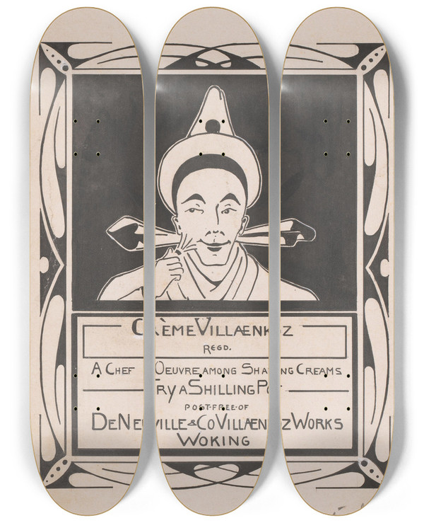 Triptych art skateboard deck of Reinier Willem Petrus De Vries Ontwerp Voor Een Advertentie Van Crme Villaenkoz Scheerschuim by Reinier Willem Petrus De Vries (1874-1952)