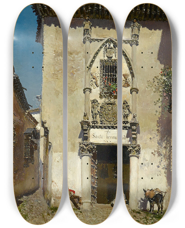 Triptych art skateboard deck of Martin Rico Y Ortega A Spanish Courtyard by Martin Rico Y Ortega (1833-1908)