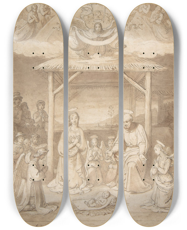 Triptych art skateboard deck of Tommaso Minardi The Adoration Of The Shepherds by Tommaso Minardi (1787-1871)