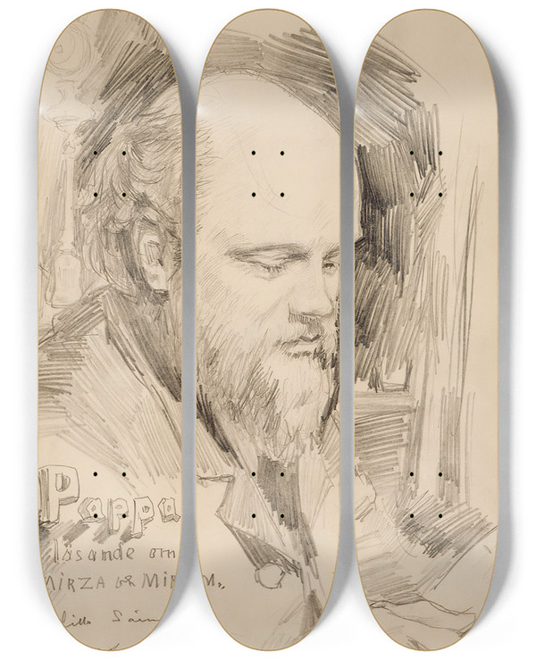 Triptych art skateboard deck of Akseli Gallenkallela Daddy Reading The Story Of Mirza And Mirjam For Little Saima by Akseli Gallen Kallela (1865-1931)