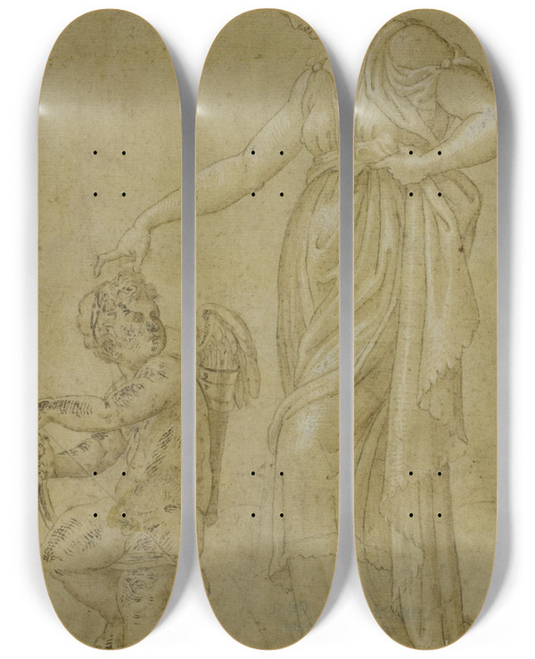 Triptych art skateboard deck of Circle Of Bernardino Campi Venus And Cupid by Circle Of Bernardino Campi (1522-1591)
