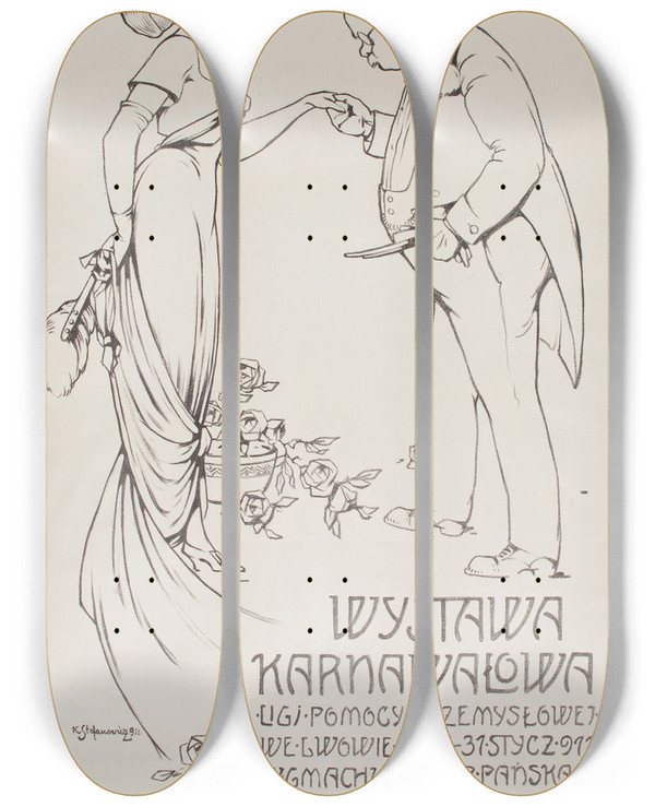 Triptych art skateboard deck of Kajetan Stefanowicz Wystawa Karnaowa Ligi Pomocy Przemysowej by Kajetan Stefanowicz (1876-1920)