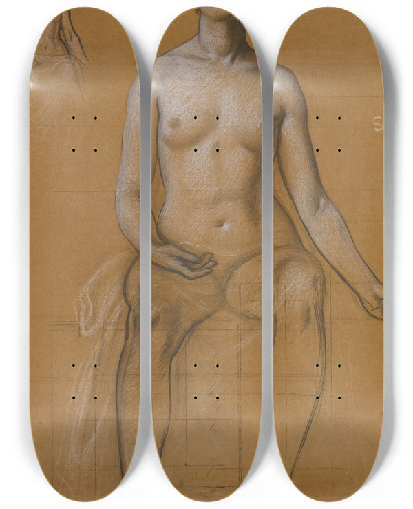 Triptych art skateboard deck of Herbert James Draper Studies Forthe Singing Priestess In Song by Herbert James Draper (1864-1920)