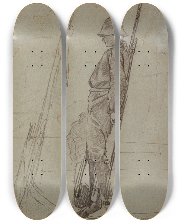 Triptych art skateboard deck of Winslow Homer Young Man Leaning Against Sailboat Rigging by Winslow Homer (1836-1910)