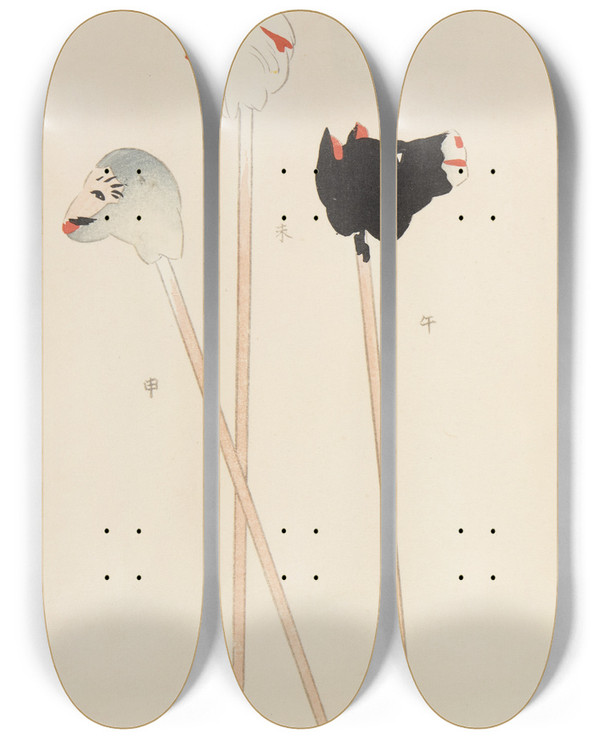 Triptych art skateboard deck of Shimizu Seif Unai No Tomo Pl 262 by Shimizu Seifu (1851-1913)