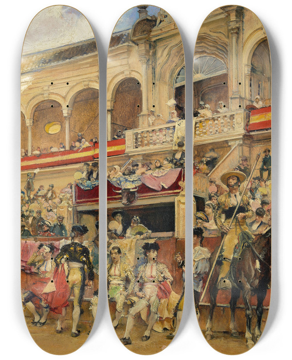 Triptych art skateboard deck of Jos Garca Ramos Inside The Bullring by Jose Garcia Ramos (1852-1912)