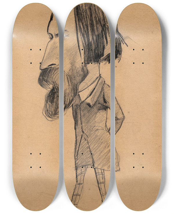 Triptych art skateboard deck of Claude Monet Caricature Of Auguste Vacquerie by Claude Monet (1840-1926)