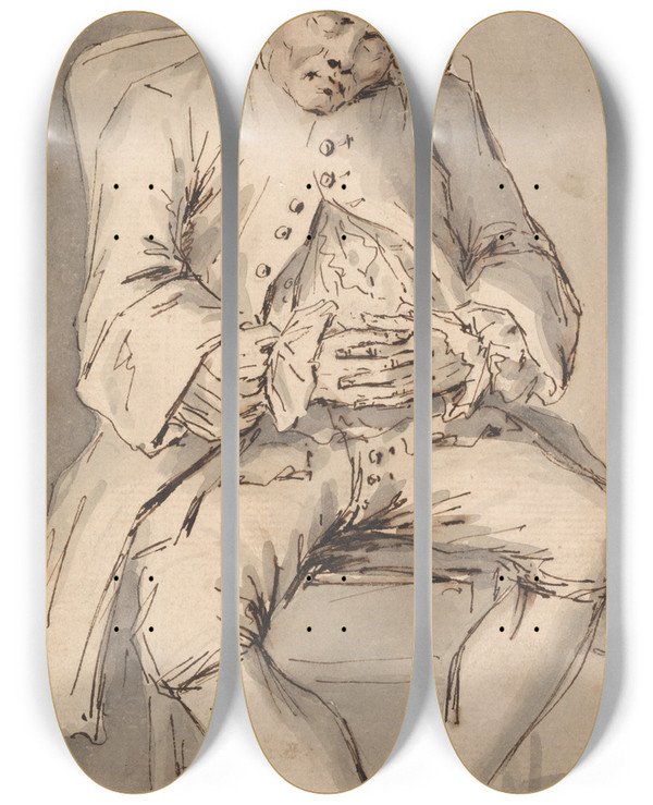 Triptych art skateboard deck of Louis Philippe Boitard A Man Asleep With Hands Crossed In A Chair by Louis Philippe Boitard (1734-1760)