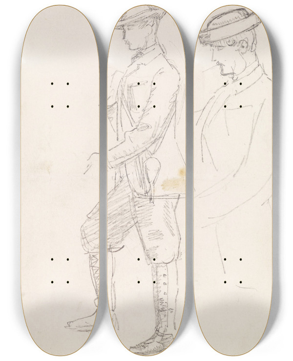 Triptych art skateboard deck of Sir John Everett Millais Male Two Sketches Of A Young Man Dressed For Shooting by Sir John Everett Millais (1829-1896)