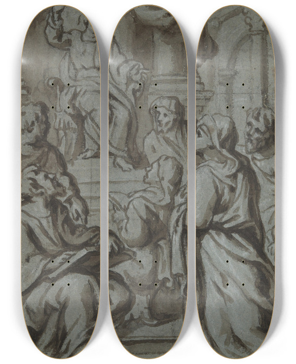 Triptych art skateboard deck of Peter Van Lint Christ Among Thedoctors by Peter Van Lint (1609-1690)