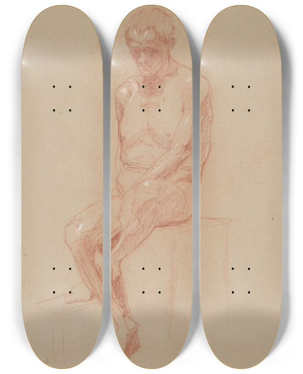 Triptych art skateboard deck of Jozef Hanula Sediaci Musk Akt En Face by Jozef Hanula (1863-1944)