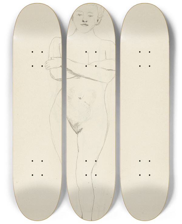 Triptych art skateboard deck of Adolf Sternschuss Akt Stojcej Kobiety Zasaniajcej Rkoma Biust by Adolf Sternschuss (1873-1915)