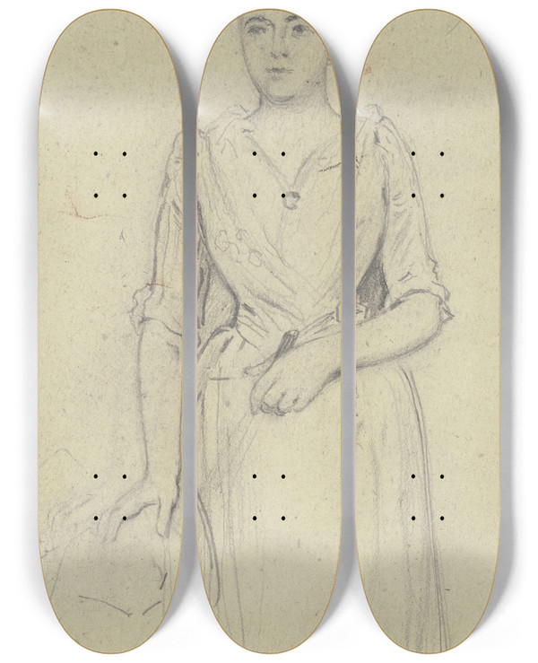Triptych art skateboard deck of Otto Scholderer Stehende Dame Mit Fcher Kniestck by Otto Scholderer (1834-1902)