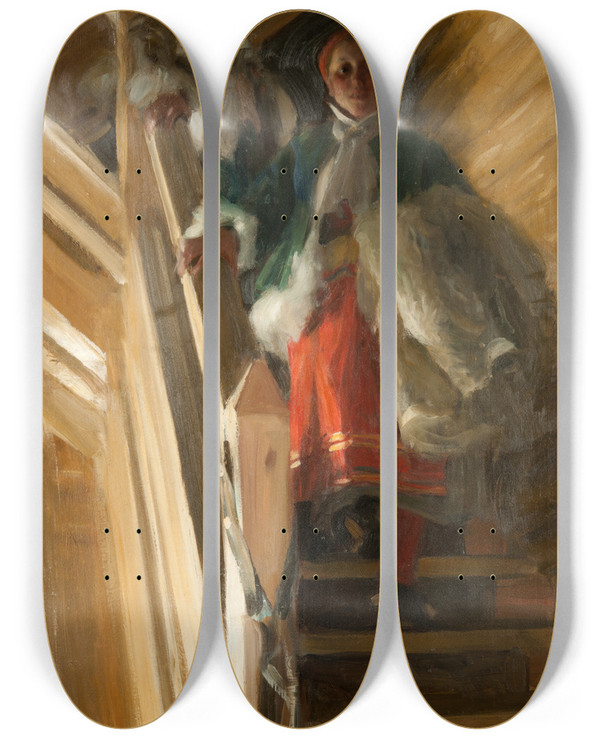 Triptych art skateboard deck of Anders Zorn On The Attic Stairs by Anders Zorn (1860-1920)