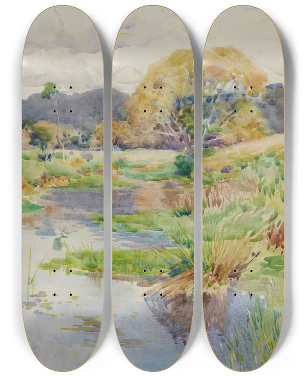 Triptych art skateboard deck of James Nairn Silverstream_1 by James M Nairn (1859-1904)