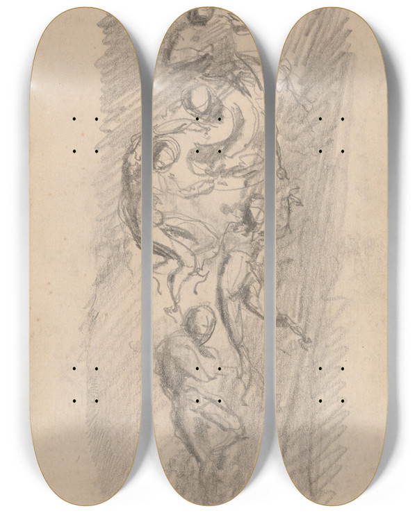 Triptych art skateboard deck of Stanisaw Wyspiaski Human Figures Hovering In The Skies by Stanislaw Wyspianski (1869-1907)