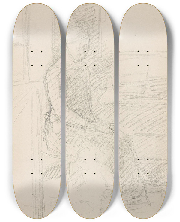 Triptych art skateboard deck of Signe Scheel Sittende Kvinne I Interir_2 by Signe Scheel (1860-1942)