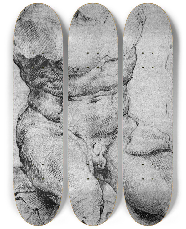 Triptych art skateboard deck of Willem Panneels Torso Belvedere Front View Of The Antique Sculpture by Willem Panneels (1600-1634)