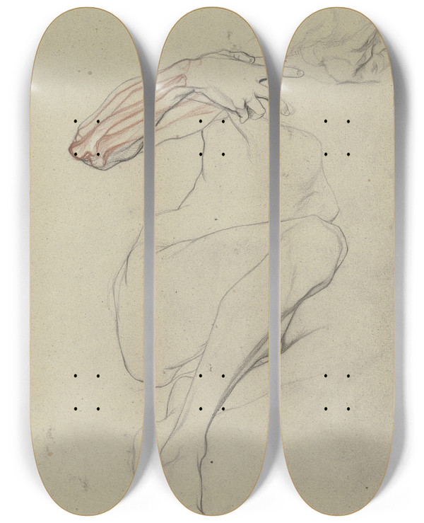 Triptych art skateboard deck of Victor Mller Sitzender Mnnlicher Akt In Vorderansicht Das Knochengerst Des Erhobenen Rechten Armes Rot Eingezeichnet by Victor Muller (1829-1871)