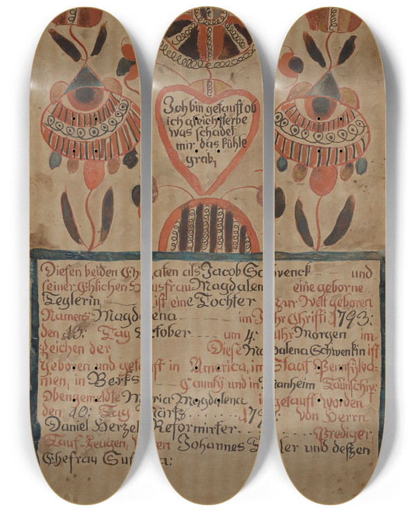 Triptych art skateboard deck of Albert Levone Pa German Birth Certificate_1 by Albert Levone (20-)